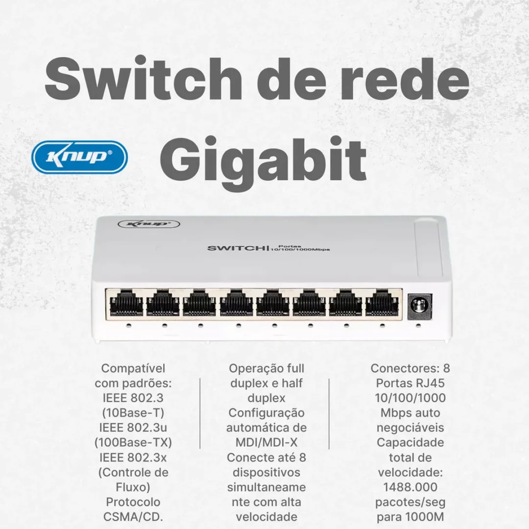🔌 Switch Hub 8 Portas Gigabit 10/100/1000 Mbps KP-SW106 – Alta Velocidade e Estabilidade para sua Rede - Image 3
