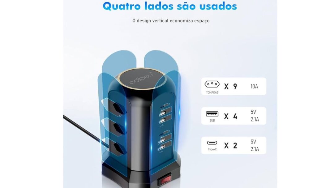 🔌 Extensão Torre Coibeu com 9 Tomadas, 4 USB e 2 Type-C – Alta Potência, Design Giratório e Proteção Total - Image 3